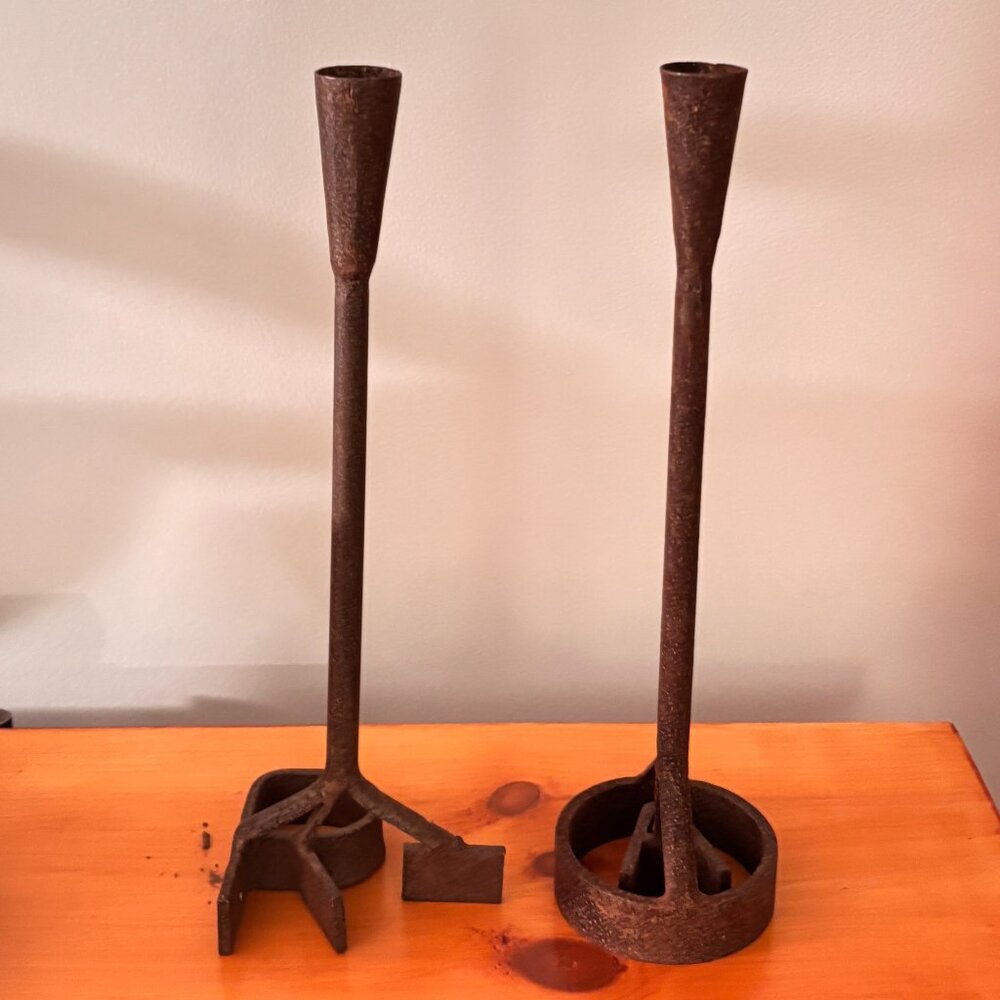Vintage Hand Forged Candlesticks Branding Iron Rustic Ranch Brutalist